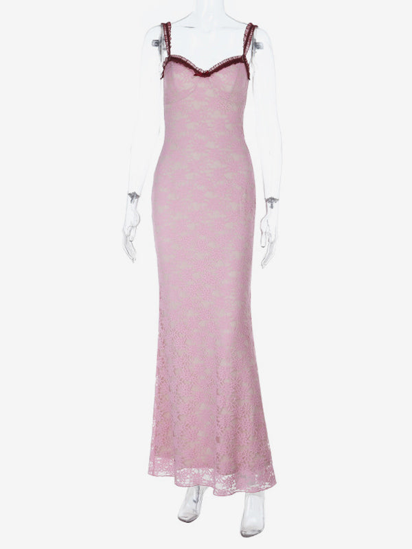 Floral Lace Women's Maxi Dress - Coquette Aesthetic Cami Slip - French Romantic Summer Party Long Gown 2026