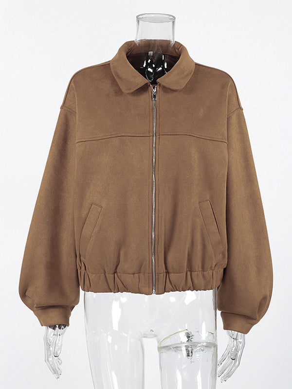 Camel Faux Suede Women's Bomber Jacket - Retro Zip Up Elastic Hem Relaxed Fit - Spring Daily Casual Streetwear 2026