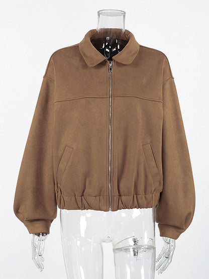Camel Faux Suede Women's Bomber Jacket - Retro Zip Up Elastic Hem Relaxed Fit - Spring Daily Casual Streetwear 2026