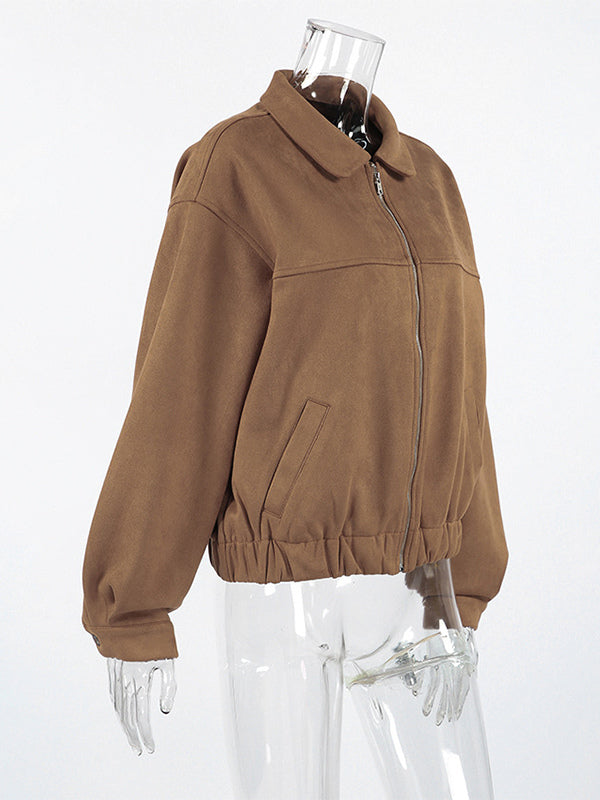 Camel Faux Suede Women's Bomber Jacket - Retro Zip Up Elastic Hem Relaxed Fit - Spring Daily Casual Streetwear 2026