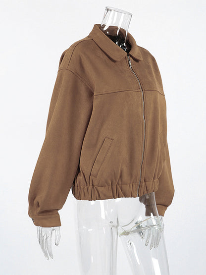 Camel Faux Suede Women's Bomber Jacket - Retro Zip Up Elastic Hem Relaxed Fit - Spring Daily Casual Streetwear 2026