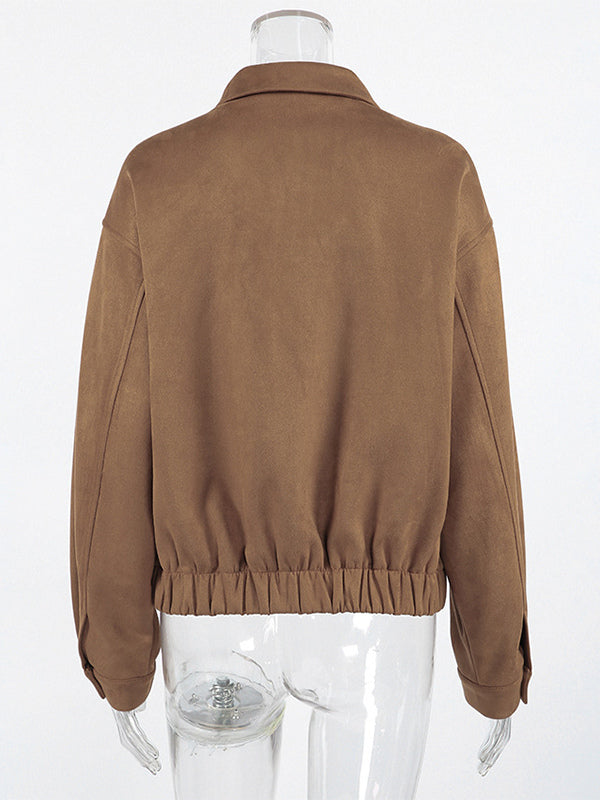 Camel Faux Suede Women's Bomber Jacket - Retro Zip Up Elastic Hem Relaxed Fit - Spring Daily Casual Streetwear 2026