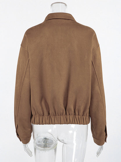 Camel Faux Suede Women's Bomber Jacket - Retro Zip Up Elastic Hem Relaxed Fit - Spring Daily Casual Streetwear 2026