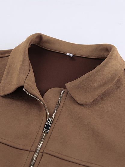 Camel Faux Suede Women's Bomber Jacket - Retro Zip Up Elastic Hem Relaxed Fit - Spring Daily Casual Streetwear 2026