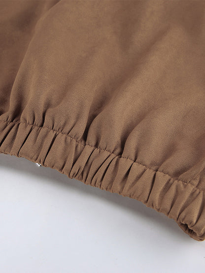 Camel Faux Suede Women's Bomber Jacket - Retro Zip Up Elastic Hem Relaxed Fit - Spring Daily Casual Streetwear 2026