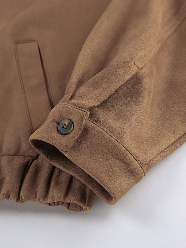 Camel Faux Suede Women's Bomber Jacket - Retro Zip Up Elastic Hem Relaxed Fit - Spring Daily Casual Streetwear 2026