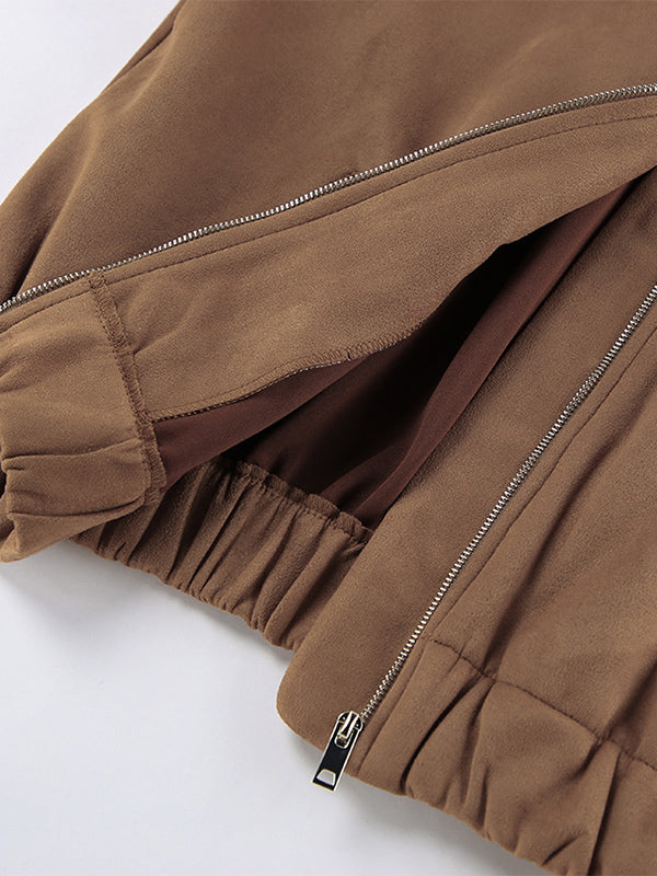 Camel Faux Suede Women's Bomber Jacket - Retro Zip Up Elastic Hem Relaxed Fit - Spring Daily Casual Streetwear 2026