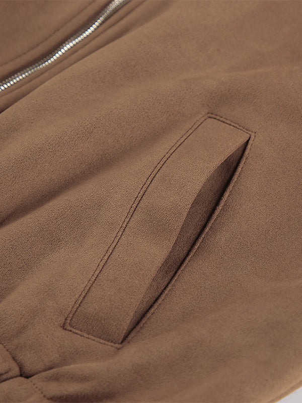 Camel Faux Suede Women's Bomber Jacket - Retro Zip Up Elastic Hem Relaxed Fit - Spring Daily Casual Streetwear 2026