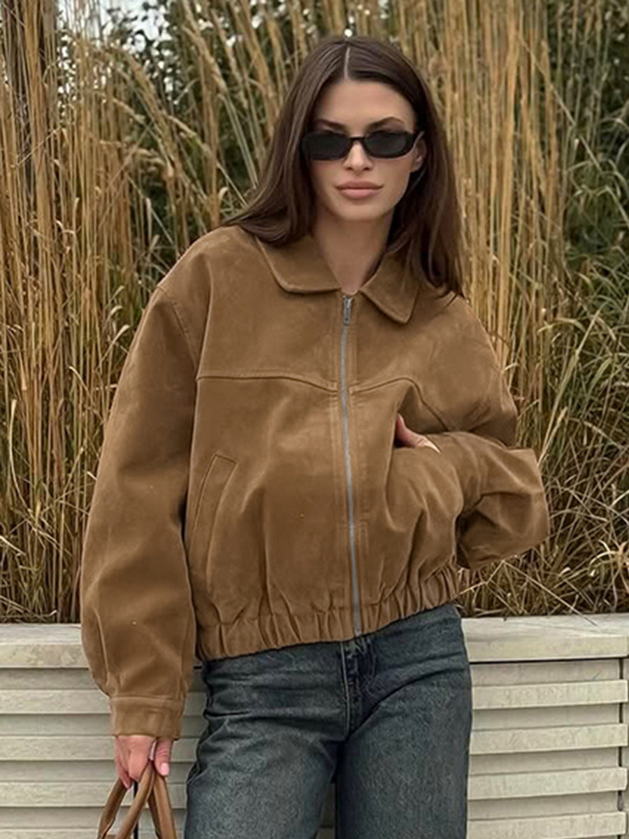 Camel Faux Suede Women's Bomber Jacket - Retro Zip Up Elastic Hem Relaxed Fit - Spring Daily Casual Streetwear 2026
