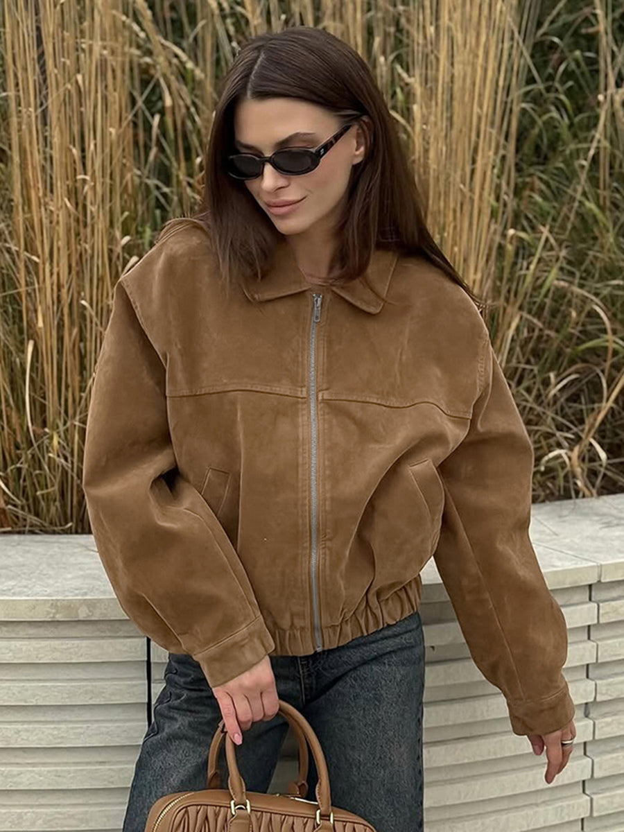 Camel Faux Suede Women's Bomber Jacket - Retro Zip Up Elastic Hem Relaxed Fit - Spring Daily Casual Streetwear 2026