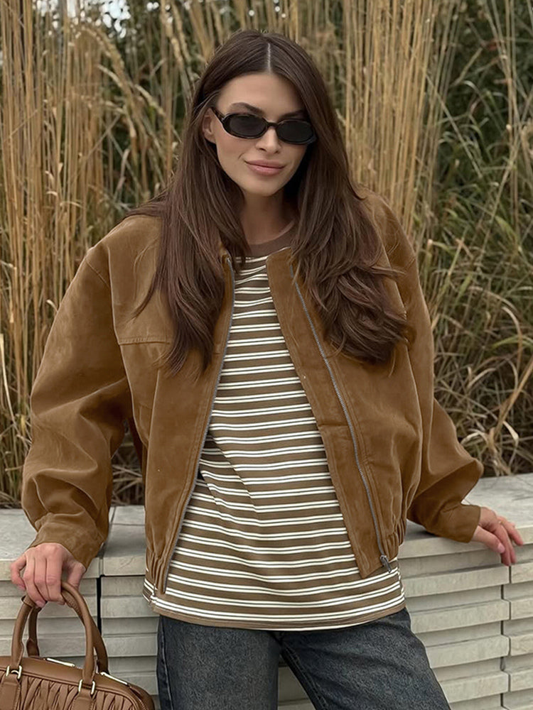 Camel Faux Suede Women's Bomber Jacket - Retro Zip Up Elastic Hem Relaxed Fit - Spring Daily Casual Streetwear 2026