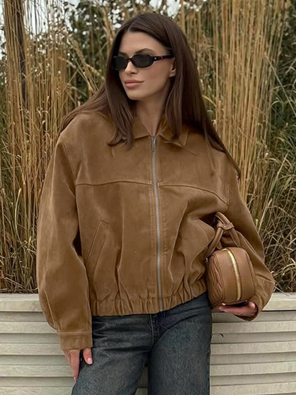 Camel Faux Suede Women's Bomber Jacket - Retro Zip Up Elastic Hem Relaxed Fit - Spring Daily Casual Streetwear 2026