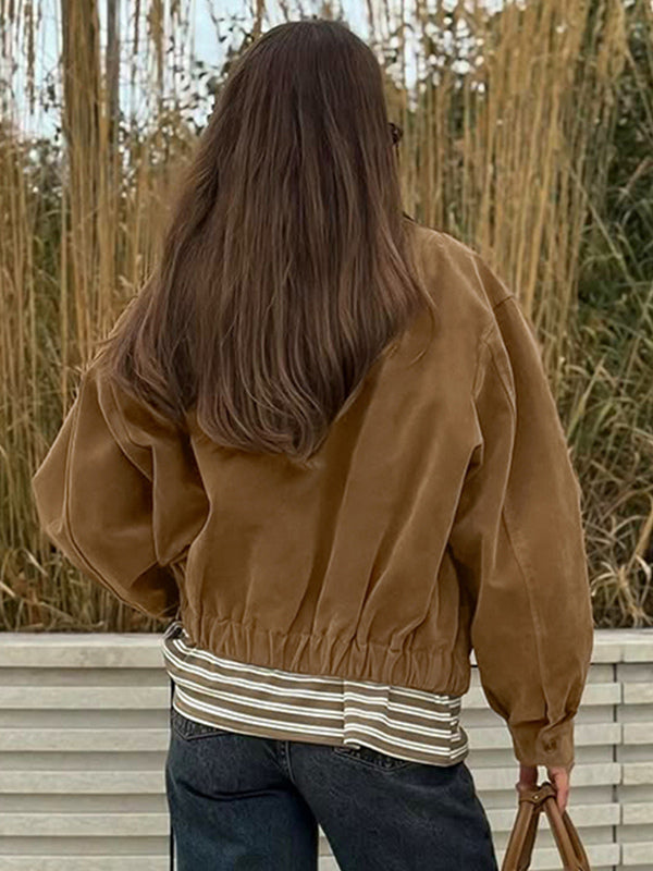 Camel Faux Suede Women's Bomber Jacket - Retro Zip Up Elastic Hem Relaxed Fit - Spring Daily Casual Streetwear 2026