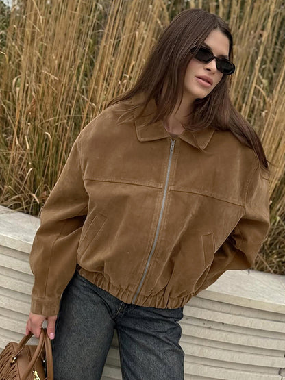 Camel Faux Suede Women's Bomber Jacket - Retro Zip Up Elastic Hem Relaxed Fit - Spring Daily Casual Streetwear 2026