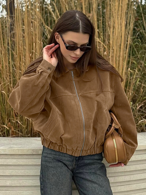 Camel Faux Suede Women's Bomber Jacket - Retro Zip Up Elastic Hem Relaxed Fit - Spring Daily Casual Streetwear 2026