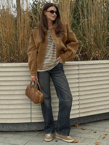 Camel Faux Suede Women's Bomber Jacket - Retro Zip Up Elastic Hem Relaxed Fit - Spring Daily Casual Streetwear 2026