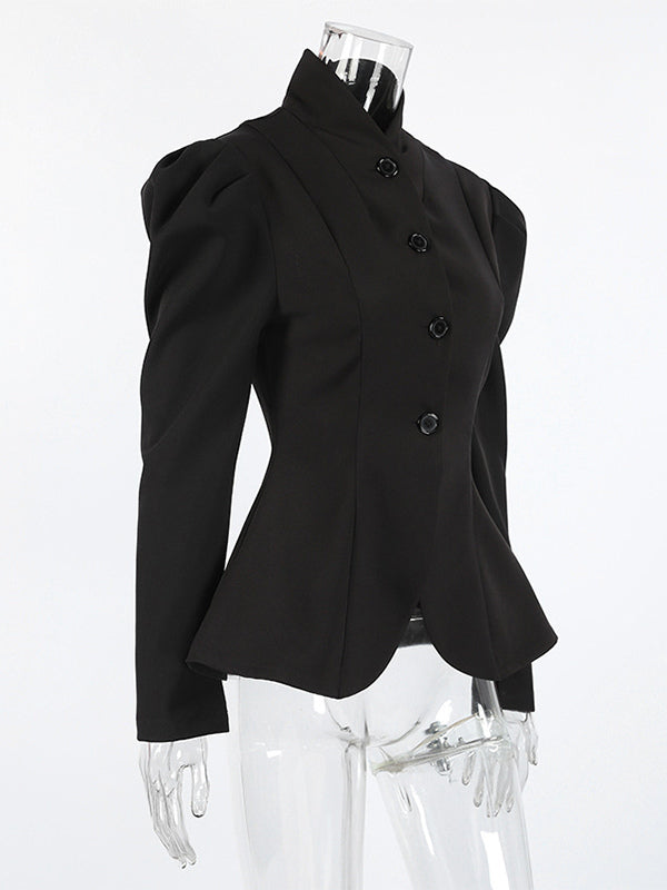 Vintage Peplum Blazer For Women - Puff Sleeve Stand Collar Slim Fit Jacket - Chic Spring Party Outerwear 2026