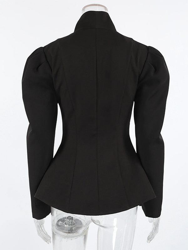 Vintage Peplum Blazer For Women - Puff Sleeve Stand Collar Slim Fit Jacket - Chic Spring Party Outerwear 2026