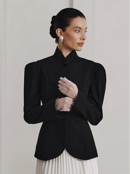 Vintage Peplum Blazer For Women - Puff Sleeve Stand Collar Slim Fit Jacket - Chic Spring Party Outerwear 2026