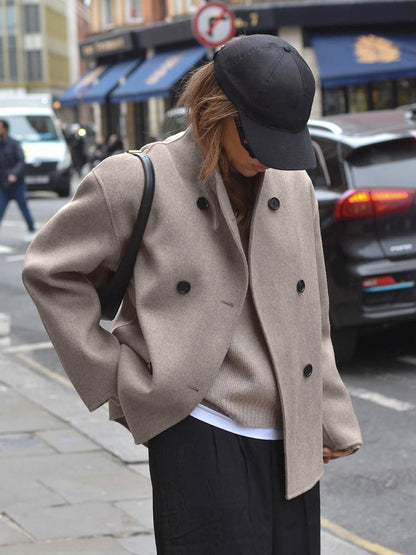 Double Breasted Women's Short Coat - Minimalist Stand Collar Boxy Outerwear - Old Money Aesthetic Spring Streetwear 2026