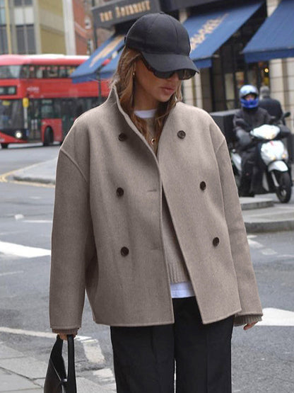 Double Breasted Women's Short Coat - Minimalist Stand Collar Boxy Outerwear - Old Money Aesthetic Spring Streetwear 2026