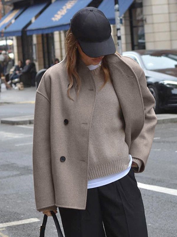 Double Breasted Women's Short Coat - Minimalist Stand Collar Boxy Outerwear - Old Money Aesthetic Spring Streetwear 2026