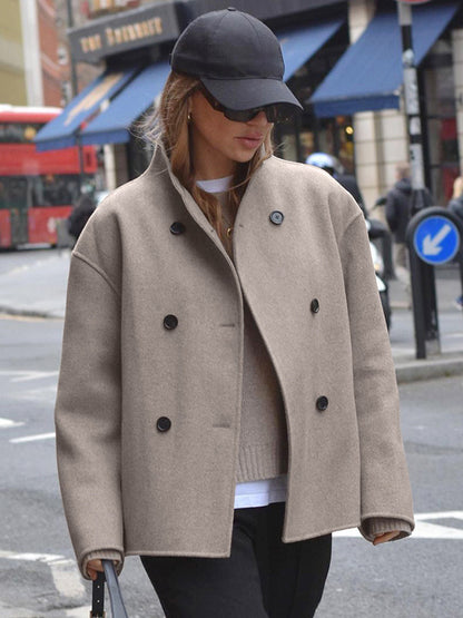 Double Breasted Women's Short Coat - Minimalist Stand Collar Boxy Outerwear - Old Money Aesthetic Spring Streetwear 2026