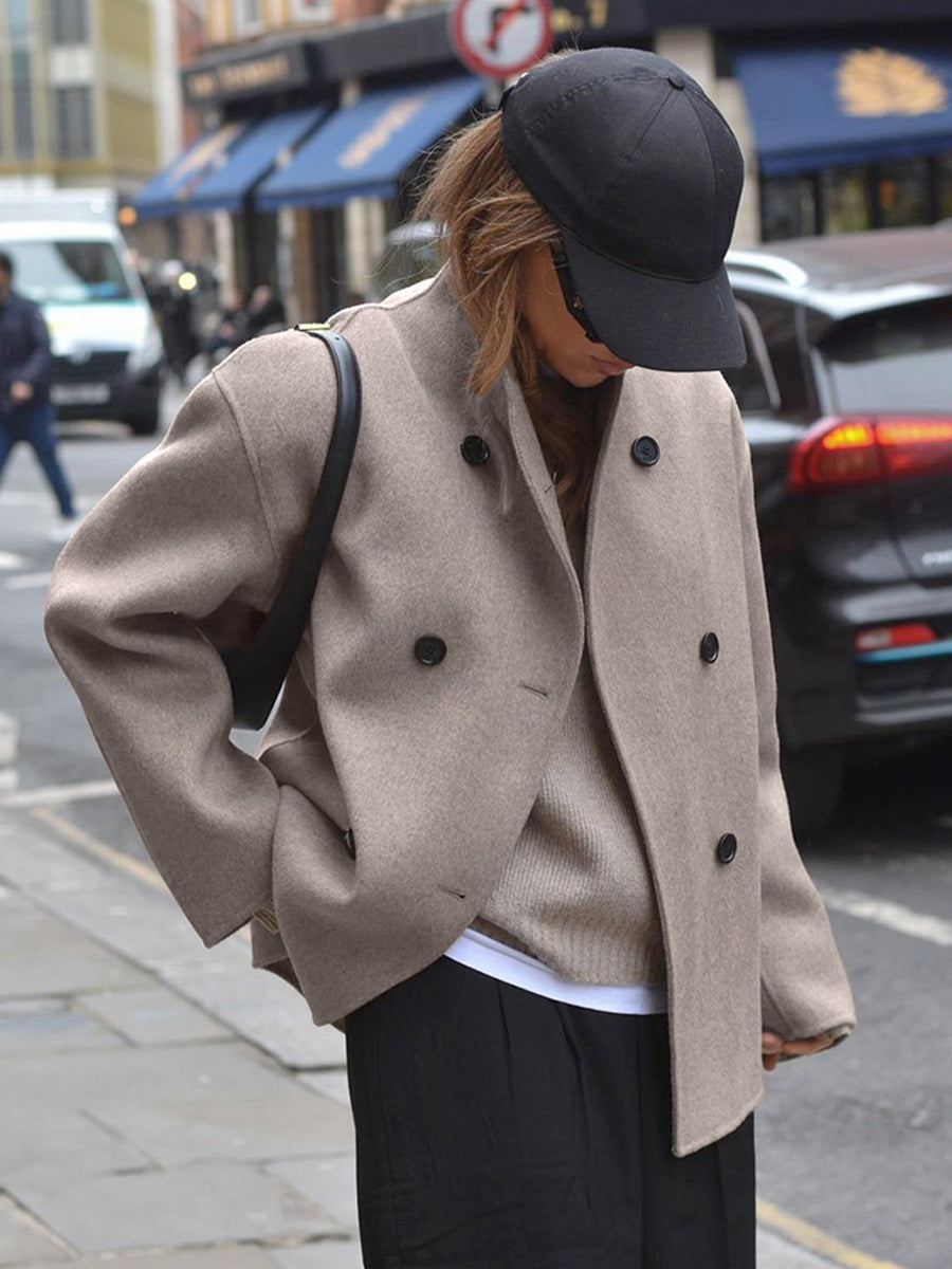 Double Breasted Women's Short Coat - Minimalist Stand Collar Boxy Outerwear - Old Money Aesthetic Spring Streetwear 2026