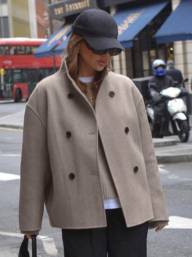 Double Breasted Women's Short Coat - Minimalist Stand Collar Boxy Outerwear - Old Money Aesthetic Spring Streetwear 2026