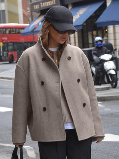 Double Breasted Women's Short Coat - Minimalist Stand Collar Boxy Outerwear - Old Money Aesthetic Spring Streetwear 2026