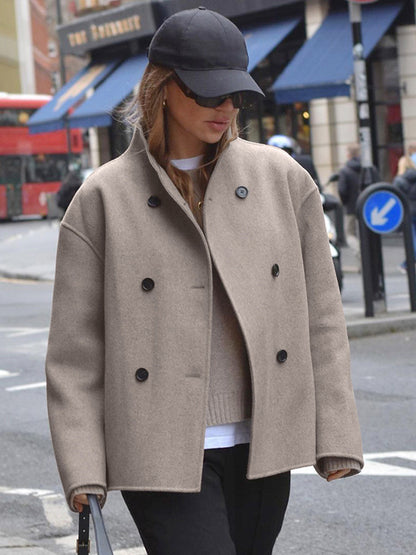 Double Breasted Women's Short Coat - Minimalist Stand Collar Boxy Outerwear - Old Money Aesthetic Spring Streetwear 2026