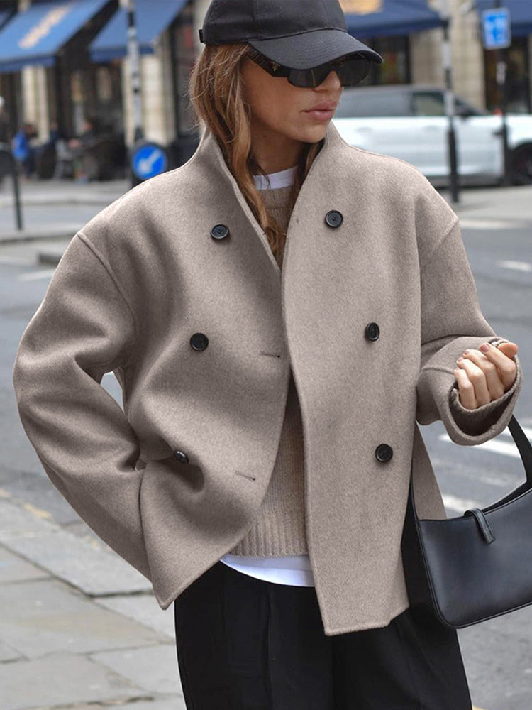 Double Breasted Women's Short Coat - Minimalist Stand Collar Boxy Outerwear - Old Money Aesthetic Spring Streetwear 2026