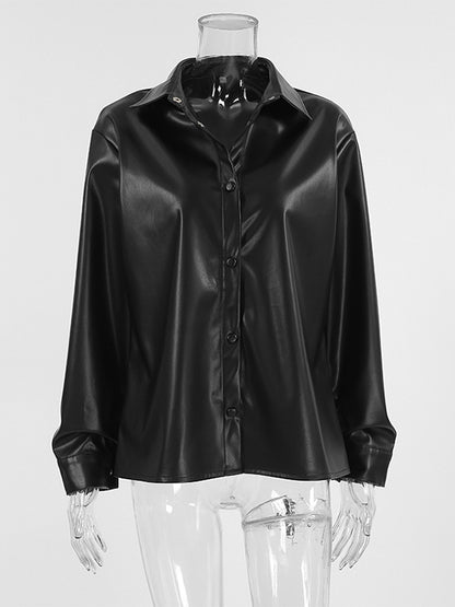 Faux Leather Shirt Women's Button Down Shacket - Minimalist Collared Long Sleeve Top - Oversized Streetwear Spring Outfits 2026