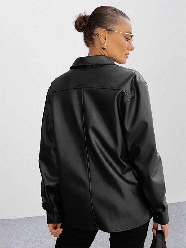Faux Leather Shirt Women's Button Down Shacket - Minimalist Collared Long Sleeve Top - Oversized Streetwear Spring Outfits 2026