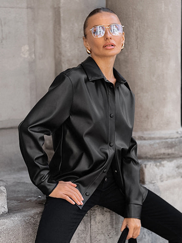 Faux Leather Shirt Women's Button Down Shacket - Minimalist Collared Long Sleeve Top - Oversized Streetwear Spring Outfits 2026