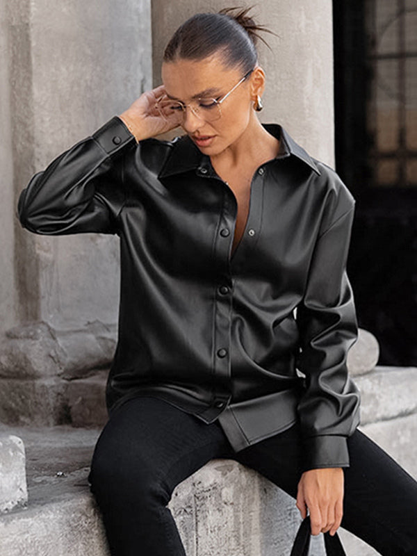 Faux Leather Shirt Women's Button Down Shacket - Minimalist Collared Long Sleeve Top - Oversized Streetwear Spring Outfits 2026