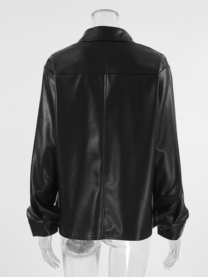 Faux Leather Shirt Women's Button Down Shacket - Minimalist Collared Long Sleeve Top - Oversized Streetwear Spring Outfits 2026