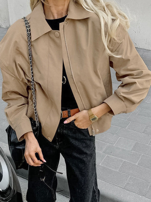 Khaki Lightweight Women's Bomber Jacket - Minimalist Collared Zip-Up Outerwear - Quiet Luxury Spring Casual Streetwear 2026