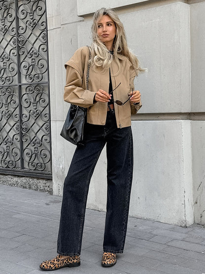 Khaki Lightweight Women's Bomber Jacket - Minimalist Collared Zip-Up Outerwear - Quiet Luxury Spring Casual Streetwear 2026