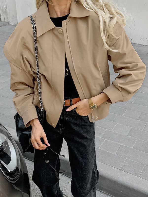 Khaki Lightweight Women's Bomber Jacket - Minimalist Collared Zip-Up Outerwear - Quiet Luxury Spring Casual Streetwear 2026
