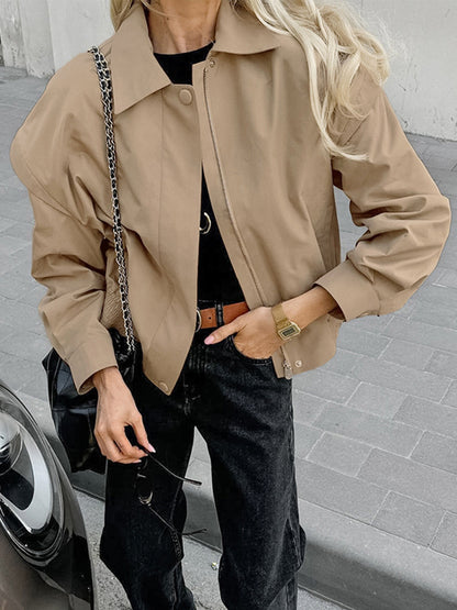 Khaki Lightweight Women's Bomber Jacket - Minimalist Collared Zip-Up Outerwear - Quiet Luxury Spring Casual Streetwear 2026