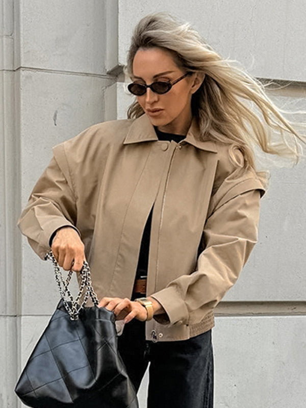 Khaki Lightweight Women's Bomber Jacket - Minimalist Collared Zip-Up Outerwear - Quiet Luxury Spring Casual Streetwear 2026
