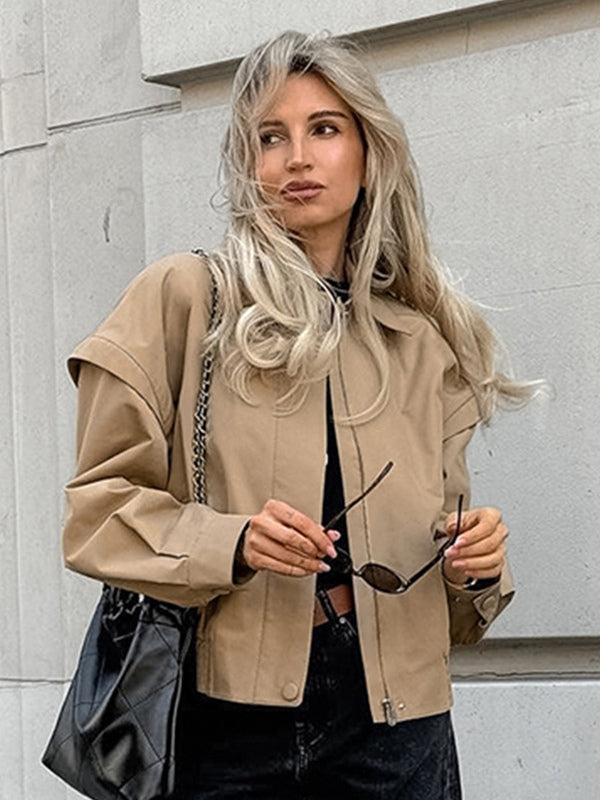 Khaki Lightweight Women's Bomber Jacket - Minimalist Collared Zip-Up Outerwear - Quiet Luxury Spring Casual Streetwear 2026