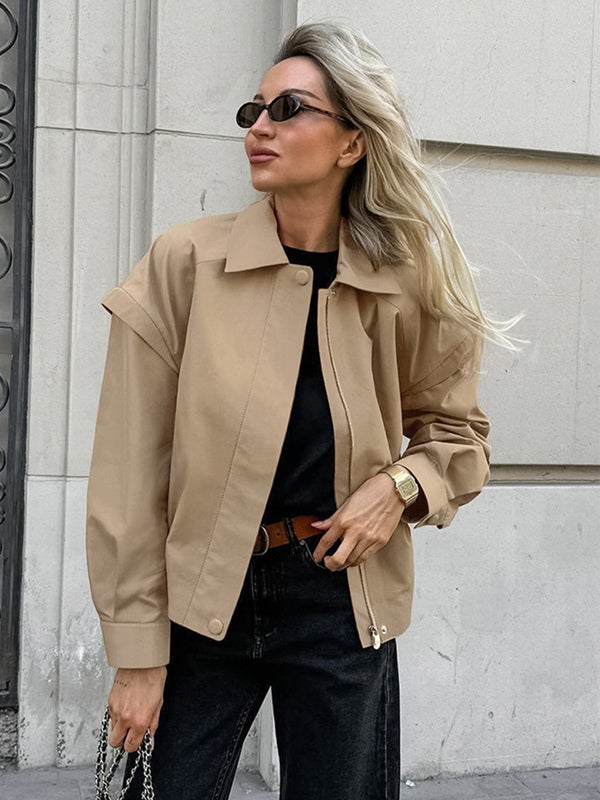 Khaki Lightweight Women's Bomber Jacket - Minimalist Collared Zip-Up Outerwear - Quiet Luxury Spring Casual Streetwear 2026