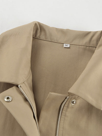Khaki Lightweight Women's Bomber Jacket - Minimalist Collared Zip-Up Outerwear - Quiet Luxury Spring Casual Streetwear 2026