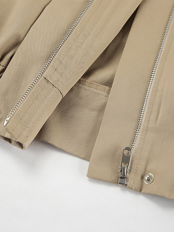 Khaki Lightweight Women's Bomber Jacket - Minimalist Collared Zip-Up Outerwear - Quiet Luxury Spring Casual Streetwear 2026