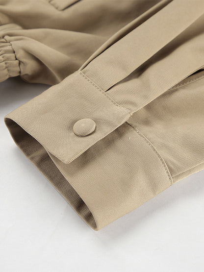 Khaki Lightweight Women's Bomber Jacket - Minimalist Collared Zip-Up Outerwear - Quiet Luxury Spring Casual Streetwear 2026