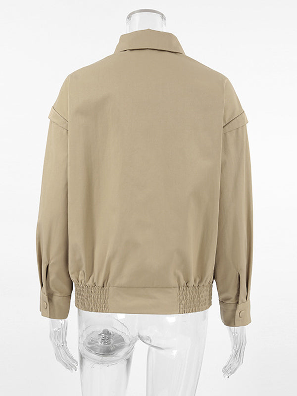 Khaki Lightweight Women's Bomber Jacket - Minimalist Collared Zip-Up Outerwear - Quiet Luxury Spring Casual Streetwear 2026