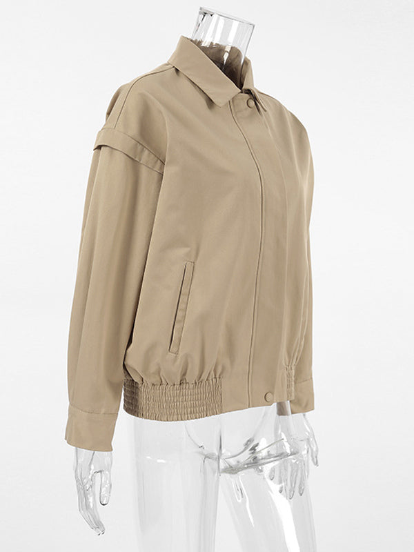 Khaki Lightweight Women's Bomber Jacket - Minimalist Collared Zip-Up Outerwear - Quiet Luxury Spring Casual Streetwear 2026