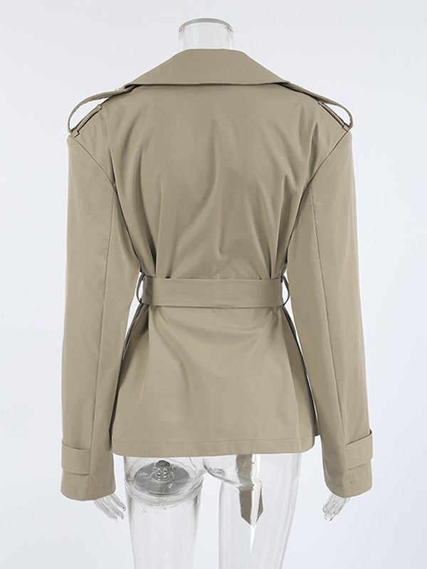 Khaki Belted Waist Women's Short Trench Coat - Chic Double Breasted Jacket - Old Money Spring Outfits 2026